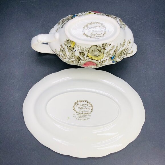Vintage 60s RIDGWAY England Green Windsor Tapestry Gravy Boat with Underplate - Picture 7 of 10